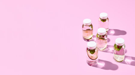 Detox water with cucumber, cranberry, and mint in reusable bottles. Bright pink backdrop. Concept of healthy, refreshing nutrition. copyspace. Modern, minimalist style.の写真素材