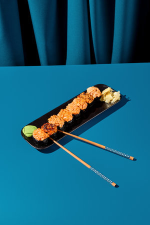 Delectable baked spicy sushi set - gunkans on a black plate, contrasted with a deep blue curtain background. Perfect for an Asian menu.の写真素材