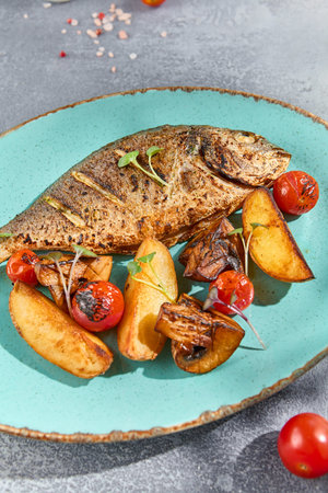 Close-up of grilled Dorada fish, perfectly cooked with potatoes, mushrooms, and cherry tomatoes....