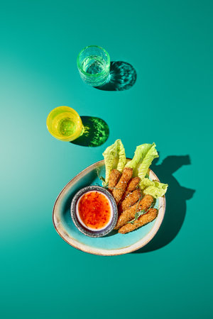 Top view of Chicken tempura strips with sweet chili sauce. Asian snack on green monochrome background, colored glasses. Restaurant menu photo. Modern minimalism, bright light, hard shadows.の写真素材