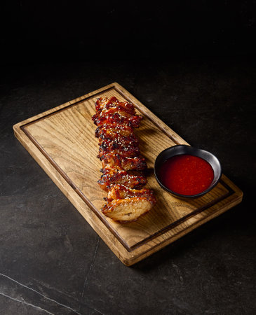 Vertical side view of Buffalo grilled chicken wings, sesame garnish, with tomato sauce, elegantly placed on a wooden board against a modern black canvas.の写真素材