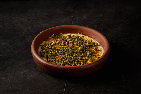 Side view of an elegant crÃ¨me brÃ»lÃ©e with pistachio in a clay bowl, exuding gourmet charm against a stark black backdrop.の写真素材