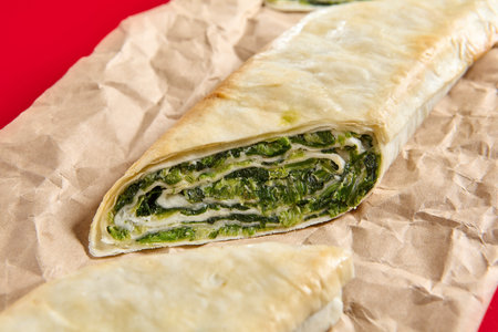 A detailed close-up shows a savory spinach and cheese filled pastry roll with a crispy crust, presented on parchment paper.の写真素材