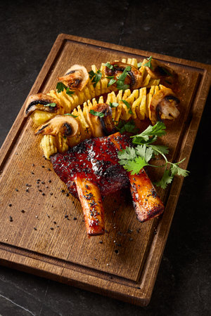 Succulent BBQ ribs, complemented by spiral potatoes and mushrooms, perfectly laid out on a wooden board against a sleek black background.の写真素材