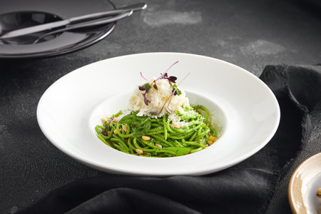 Elegantly plated pesto spaghetti with creamy stracciatella cheese and toasted pine nuts, served in a white bowl on a sleek black surface.の写真素材