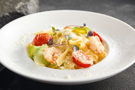 Fettuccine pasta mixed with zucchini ribbons and succulent shrimp, served in a white dish on a dark background, sprinkled with cheese.の写真素材