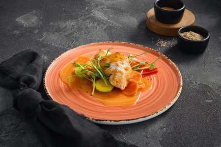 Succulent pan-fried turkey fillet served with crisp vegetables and a tangy sweet chili sauce, beautifully plated on a coral dish.の写真素材