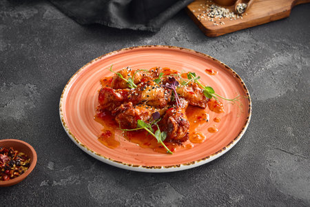 Crispy fried chicken wings doused in a luscious sweet chili sauce, delicately placed on a round ceramic plate, accentuated by a dark background.の写真素材