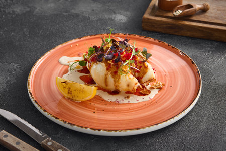 A succulent stuffed squid drizzled with creamy sauce, garnished with herbs, and served with grilled lemon on a peach-toned ceramic plate against a dark textured background.の写真素材