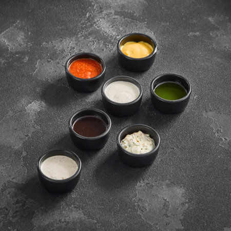 A variety of dipping sauces presented in black ramekins against a textured dark backdrop, perfect for culinary accents.の写真素材