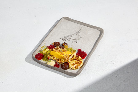 Syrniki with berries and mango mousse, a high-end culinary presentation in natural light.