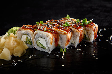 Canada roll with eel and unagi sauce, presented on a black slate with soy sauce and wasabi.の写真素材
