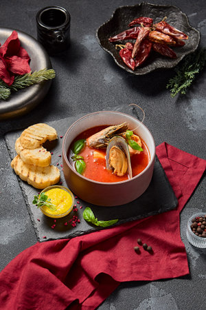 Tomato Soup with Seafood, Rouille Sauce, and Ciabatta, Elegant Winter Dish.の写真素材
