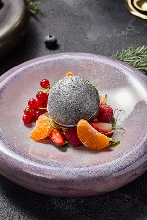 Mousse dessert sphere with fresh berries and mandarin, a luxurious winter menu item.の写真素材