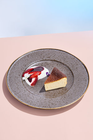 Basque Cheesecake with Vibrant Garnish, Perfect for a Minimalist Dessert Menu.の写真素材