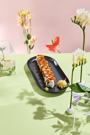 Eel and Avocado Roll Topped with Shrimp and Unagi Sauce. A surreal fusion of flavors and visual...