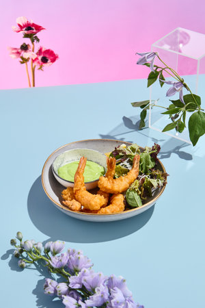 Artistic tempura shrimp with wasabi sauce, accompanied by summer blooms and soft pastel tones.の写真素材