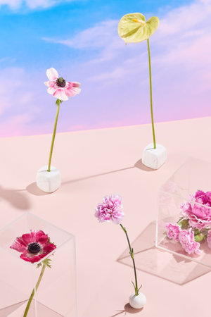 Surreal botanical composition against a sky-pink gradient, evoking a dreamlike quality for creative...