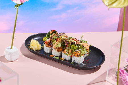 Salmon roll sushi with a mix of salad on top, elegantly presented on a black plate with surreal...