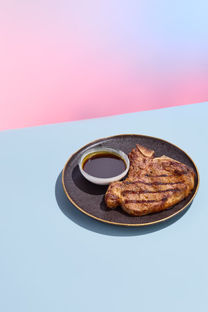 Grilled T-bone beef steak with sauce; a minimalist culinary concept with a surreal summer backdrop.の写真素材