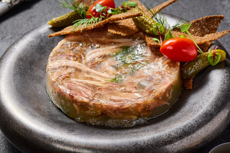 Savory aspic with rye crisps, pickles, mustard, and horseradish, a rich symphony of textures and...