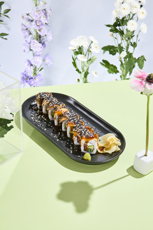 Canada Roll with Eel, a surreal blend of classic sushi ingredients with a contemporary twist for fine dining.の写真素材