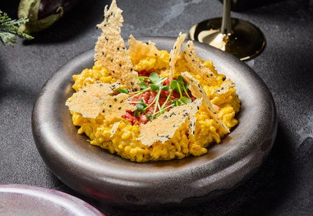Milanese risotto with beef tartare and Parmesan crisps, aesthetically pleasing and elegant.の写真素材