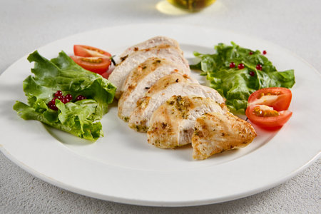 Grilled chicken breast with vibrant salad garnish on a minimalistic white setup, perfect for clean eating and diet concepts.の写真素材