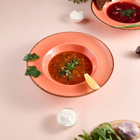 Solyanka soup with lemon and herbs in a coral bowl, showcasing a rich mix of flavors and vibrant...