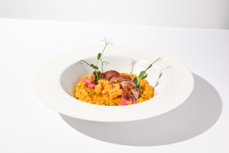 Duck breast with pumpkin risotto on a white plate, a gourmet meal for fine dining and restaurant menus.の写真素材