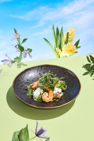 Stracciatella and Shrimp Salad with Surreal Floral Overtones for Spring and Summer.の写真素材
