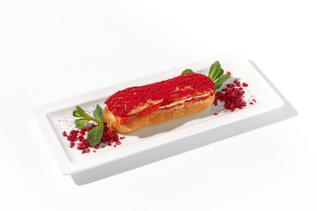 Raspberry eclair on an isolated white background, elegantly presented with a dusting of red powder.