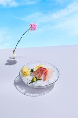 Refreshing Sashimi Presentation with Surreal Floral Embellishment.の写真素材