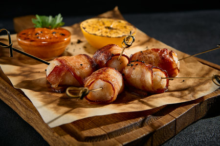 Close-up of chicken fillet wrapped in bacon on a wooden board with parchment.の写真素材