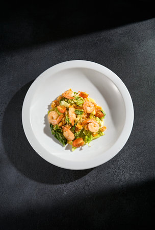 Top view of a shrimp salad with quinoa and mixed greens, a light and refreshing meal.の写真素材