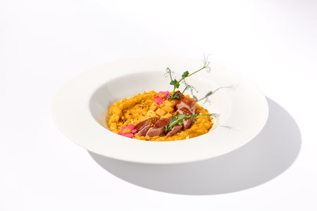 Duck breast with pumpkin risotto on a white plate, a gourmet meal for fine dining and restaurant menus.の写真素材