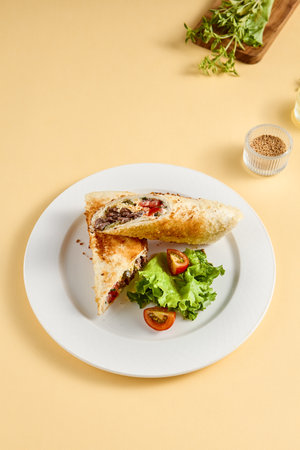 Grilled beef shawarma sandwich on a white plate, garnished with fresh lettuce and tomato. Suitable for fast food advertising and snack bar menus.の写真素材