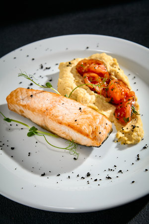 Close-up of salmon steak with hummus and tomatoes on a white plate.の写真素材