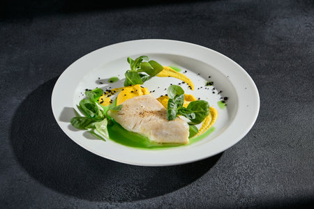 Gourmet cod steak with dual sauces on a contemporary plate, perfect for modern cuisine presentations.の写真素材