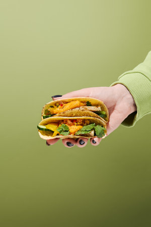 Woman's hand holding a taco filled with sweet potato mousse and turkey against a green background.の写真素材