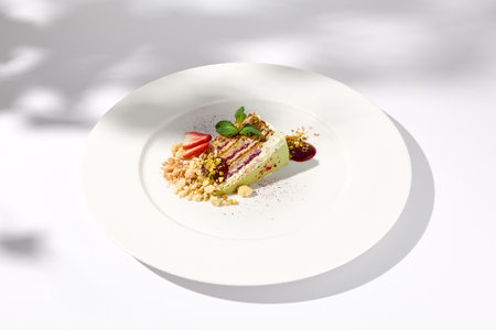 Pistachio cake with raspberry filling and crumbled cookie-pistachio topping, accented with shadows on a white background.の写真素材