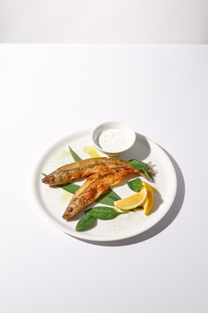 Grilled vendace fish with lemon and sour cream on a white plate, ideal for culinary presentations and food marketing.の写真素材