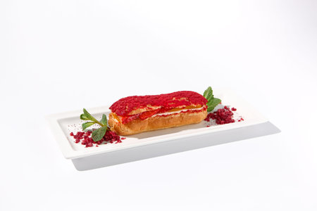 Raspberry eclair on an isolated white background, elegantly presented with a dusting of red powder.