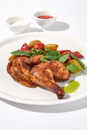 Grilled chicken tabaka with roasted potatoes and sauces, served on an isolated white background, perfect for restaurant menus.の写真素材