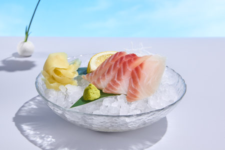 Refreshing Sashimi Presentation with Surreal Floral Embellishment.の写真素材