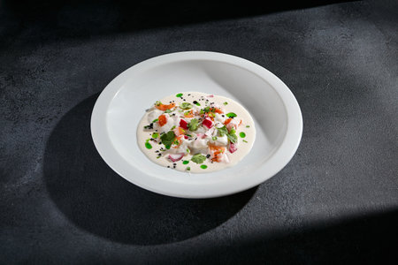 Burrata cheese with tomatoes and cilantro on a sleek backdrop; an elegant dish that combines creamy textures with the freshness of herbs.の写真素材