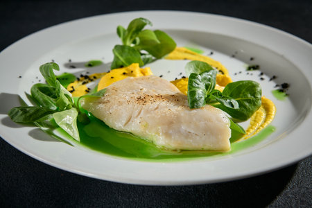 Elegant cod steak with dual sauces on a stark black backdrop, a minimalist gourmet presentation.の写真素材