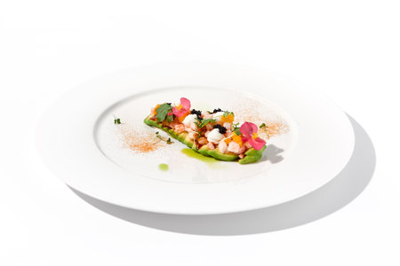 Gourmet avocado with shrimp tartare, mango, cream cheese, and black caviar on a pristine white plate.の写真素材