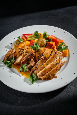 Close-up of turkey fillet with roasted vegetables and sauce on a white plate.の写真素材