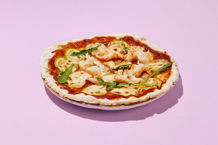 Gluten-free pizza with shrimp and zucchini on a pink background.の写真素材